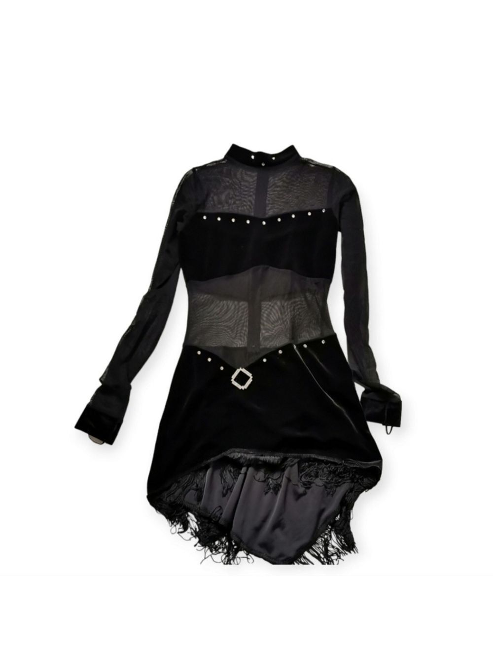 Velvet Mesh Rhinestone Fringe Dance Costume Leotard XS/S